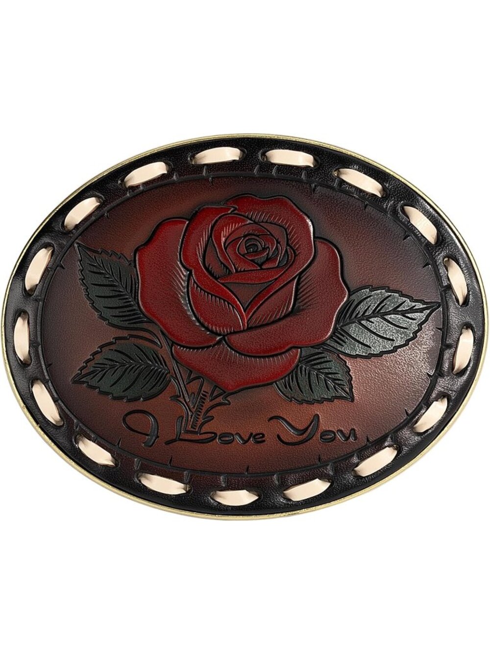 Unisex Red Rose Leather Engraved Genuine Cowboy Belt Buckle